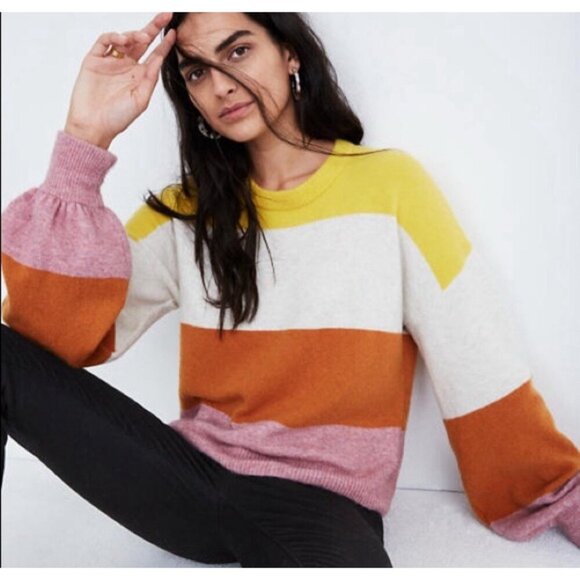 Madewell Wool Blend Striped Sweater Women Small Multicolor Balloon Sleeve Alpaca - Picture 1 of 10